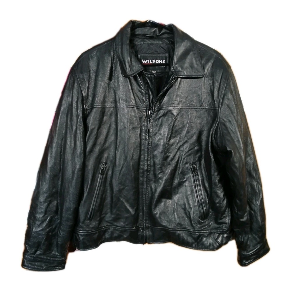 Wilsons Leather Jacket Mens Large Black Quilted Lined Full Zip Bomber Moto
